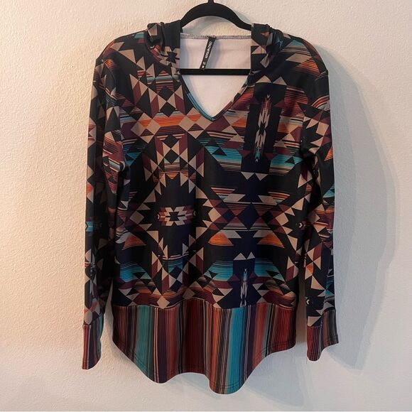 Crazy Train Hoodie Size Medium Aztec Southwest Pattern Black Brown Turquoise - Picture 1 of 6